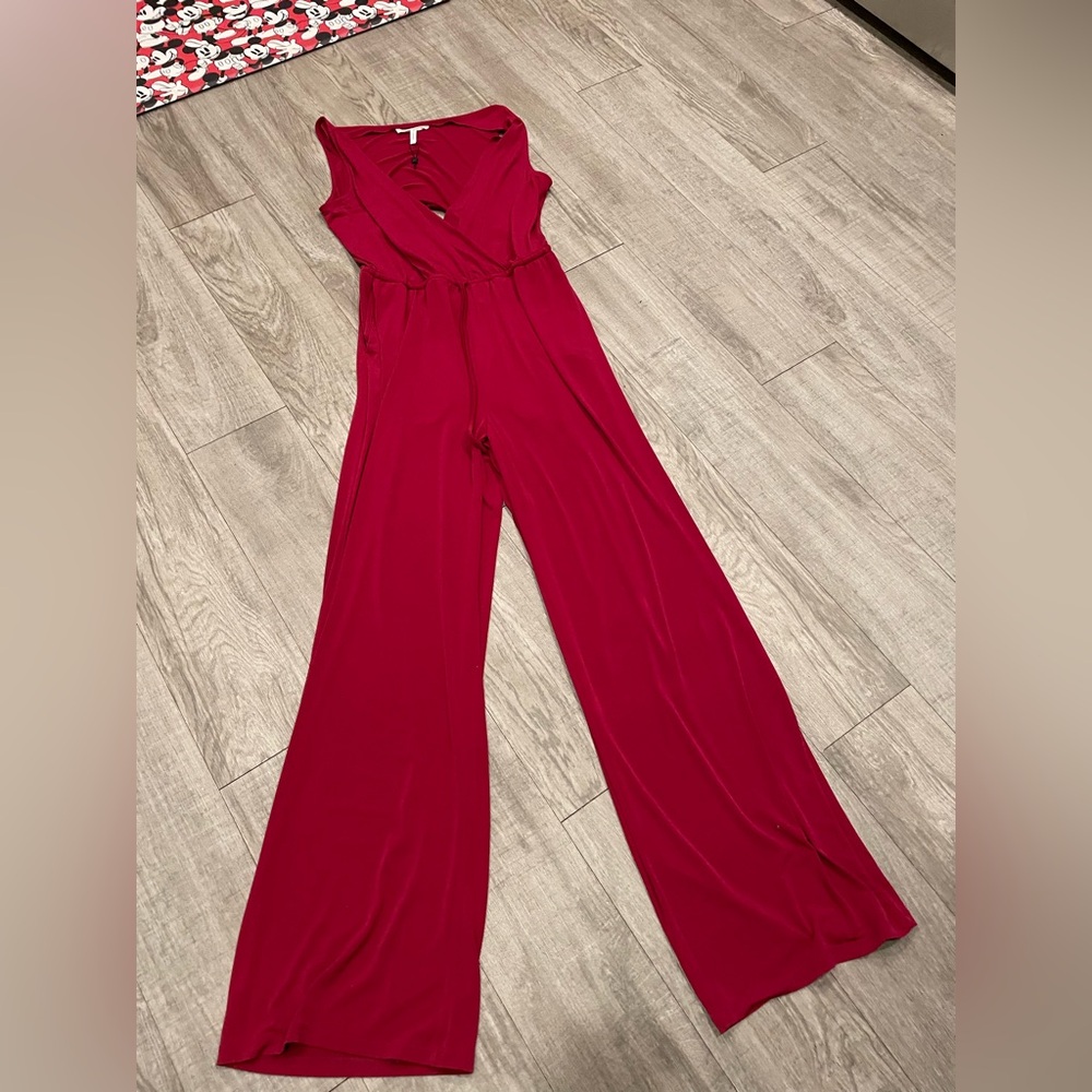 BCBG Red Wide Leg Jersey Jumpsuit with  crossover front drop V Neck Open back Lg